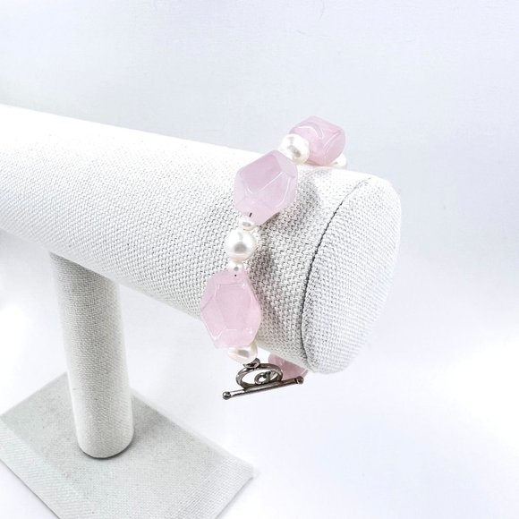 Rose Quartz Nugget & Freshwater Pearl Silver Tone Toggle Clasp 8” Bracelet - Picture 3 of 6